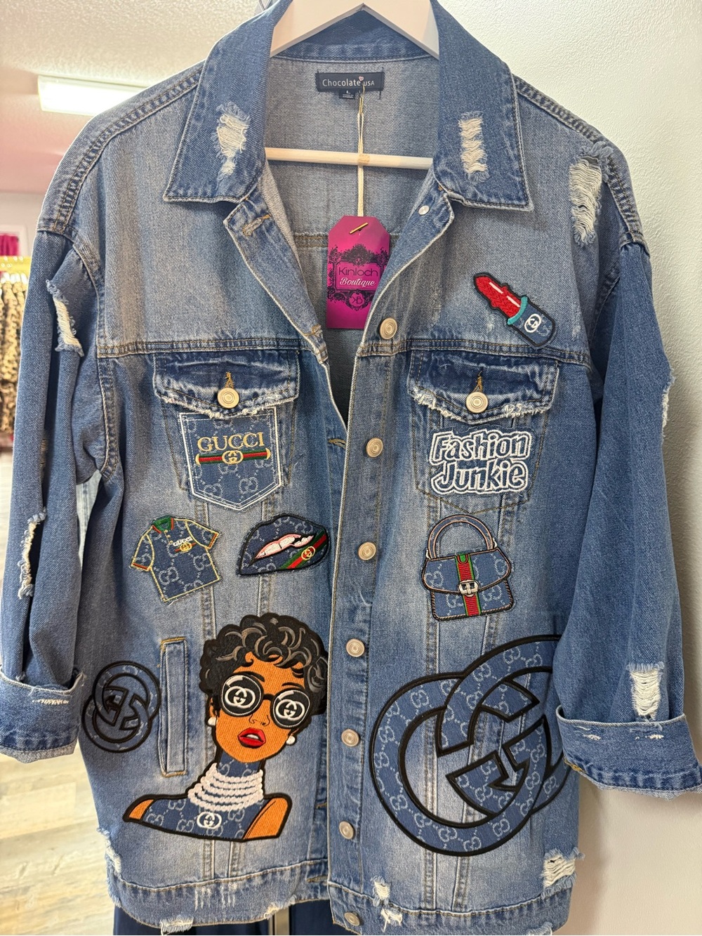 New Blue Distressed Denim Jacket with Colorful Embroidered Patches